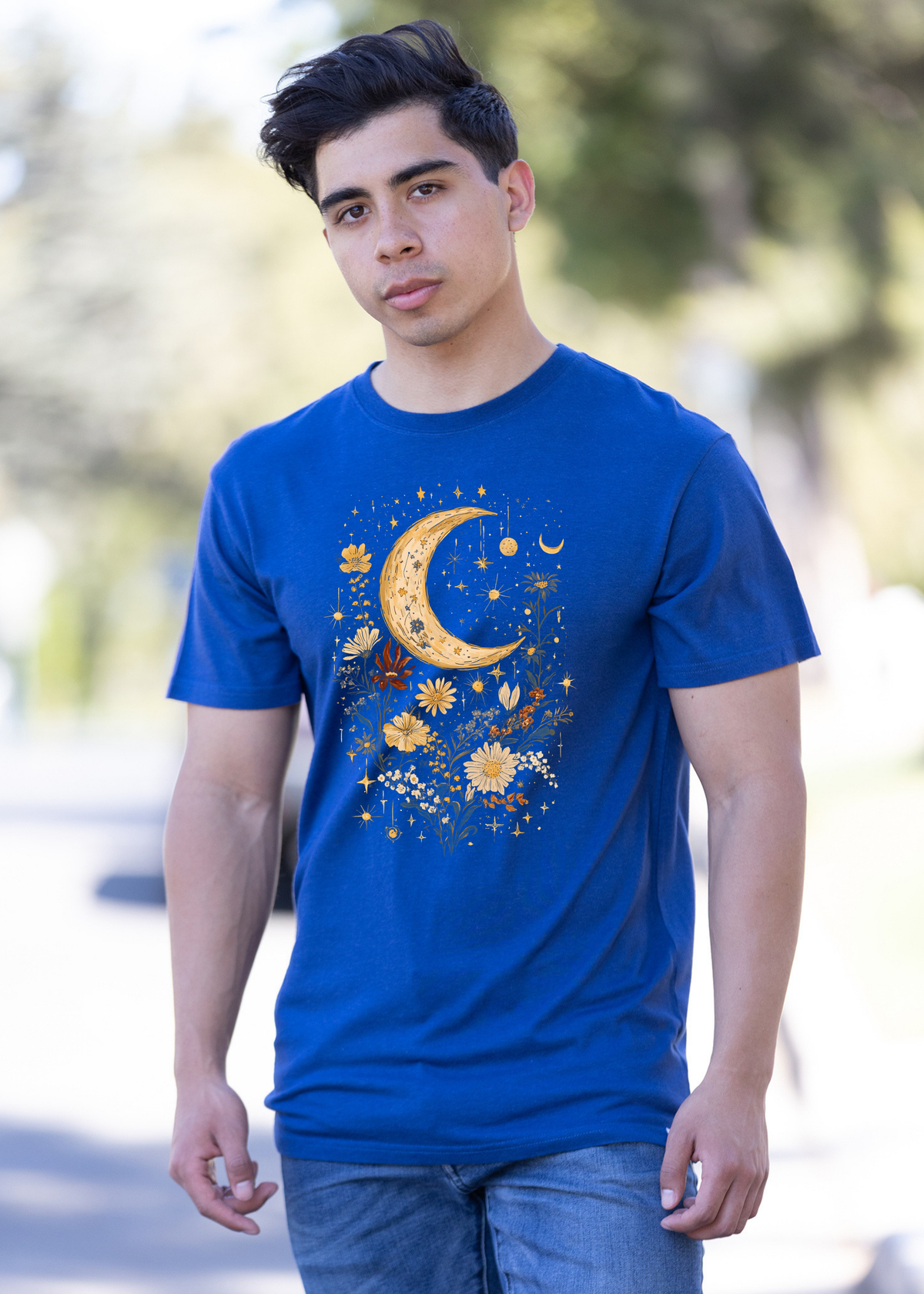 Celestial Moon Boho Flowers Vintage Unisex Bamboo/Cotton Graphic T-Shirt
